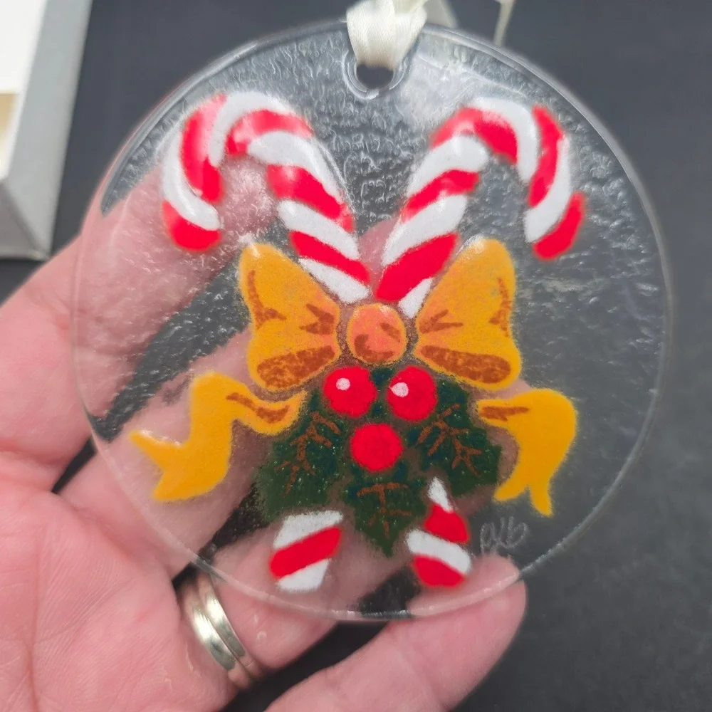 Peggy Karr Glass Candy Cane Holly Fused Glass Christmas Ornament Suncatcher USA